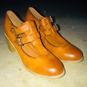 MIA Girl Brown Leather Double Strap Buckle Heels